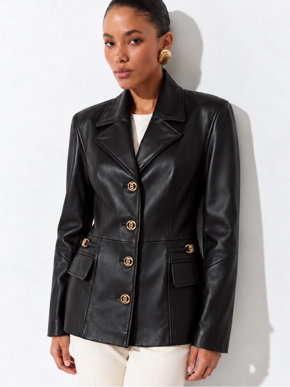 Vintage Black Genuine Leather Blazer Blushe Gold Buttons Size 10 Goth Y2K Witch